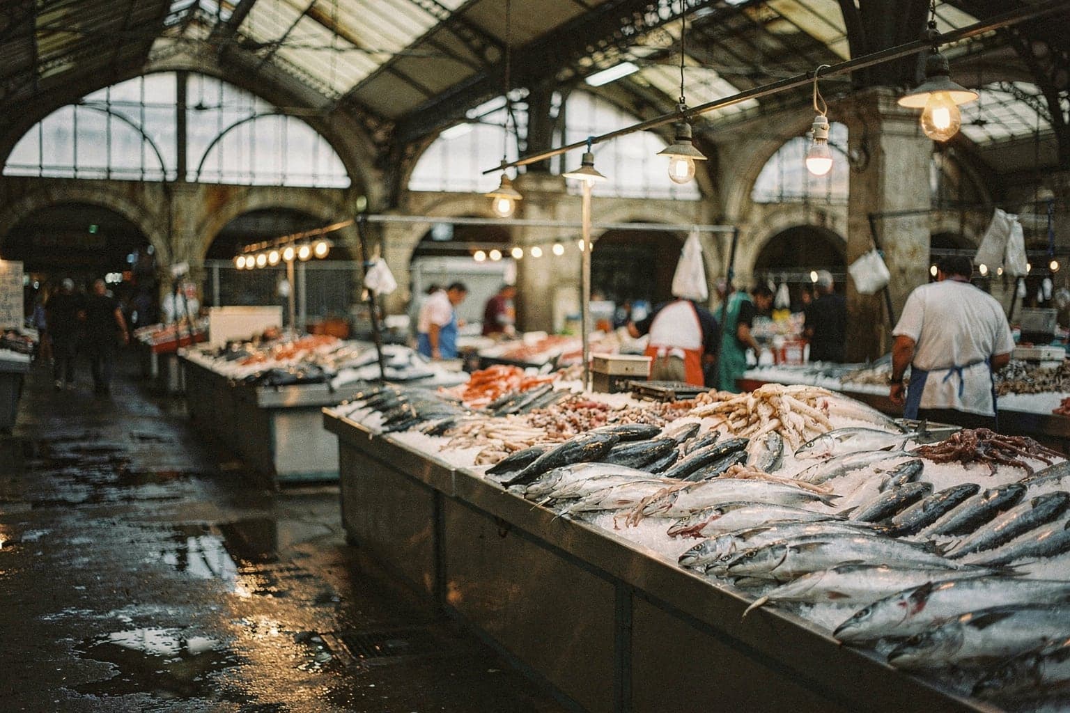 The fish hall of Varvakios central market on a weekday morning, with ice-packed counters under the old iron and glass roof
