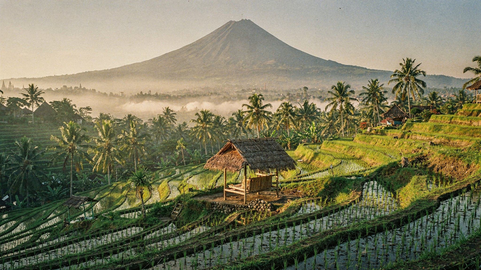 Terraced rice fields in the Sidemen valley at sunrise, with mist lying in the valley and the cone of Mount Agung rising behind