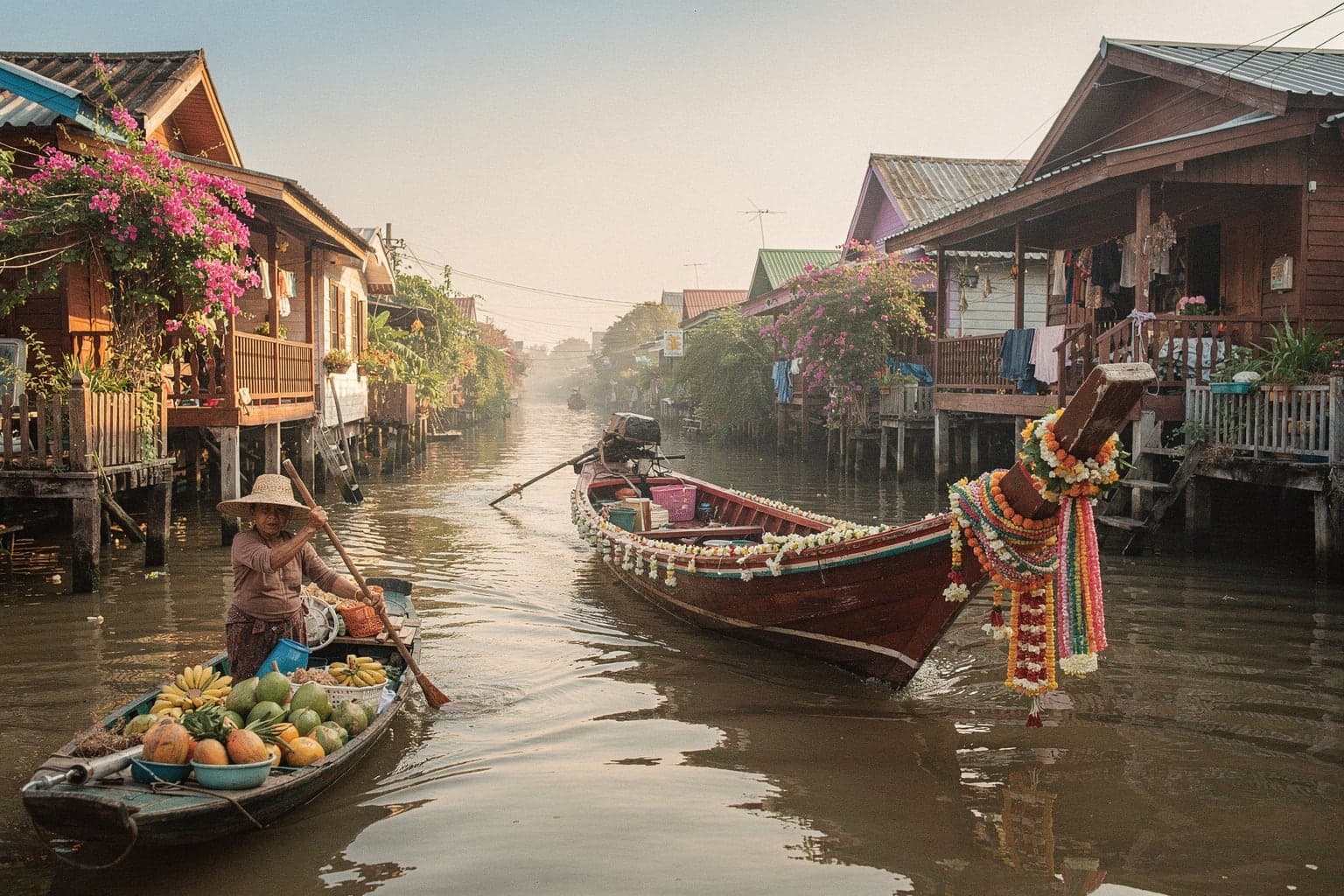 A long-tail boat on a narrow Thonburi canal in Bangkok, stilt houses and bougainvillea along the banks