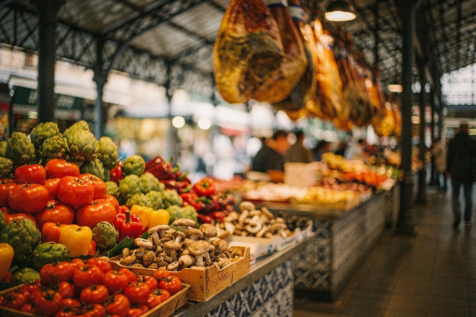 Vegetable stalls and hanging hams under the iron roof of La Boqueria market