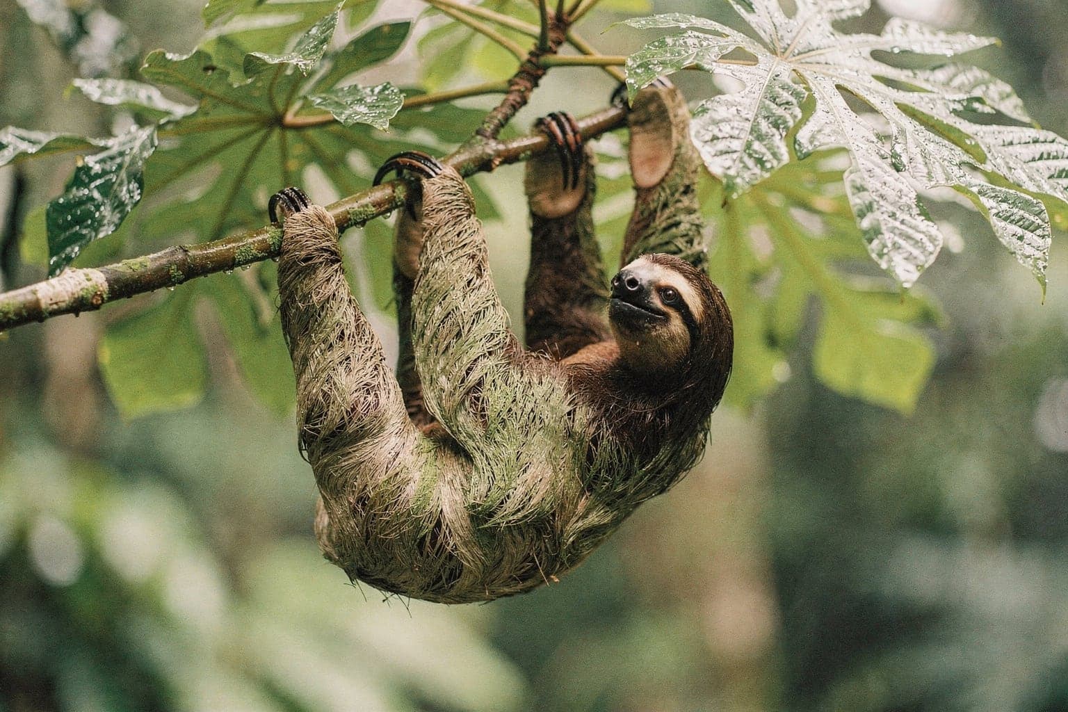 A brown-throated three-toed sloth hanging from a cecropia branch at the edge of the rainforest in Manuel Antonio, in soft morning light
