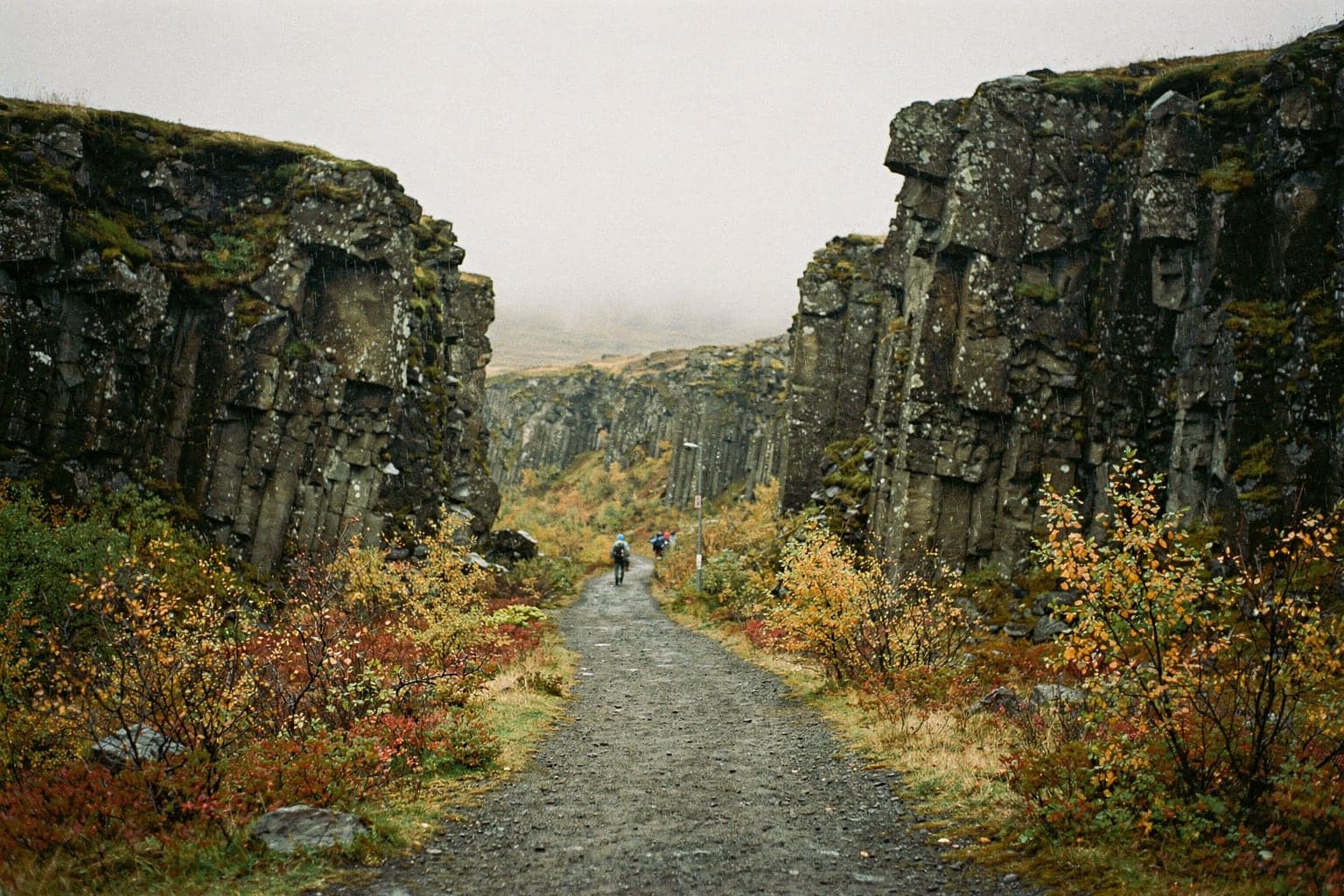A path through the Almannagjá rift between basalt walls at Þingvellir National Park in autumn