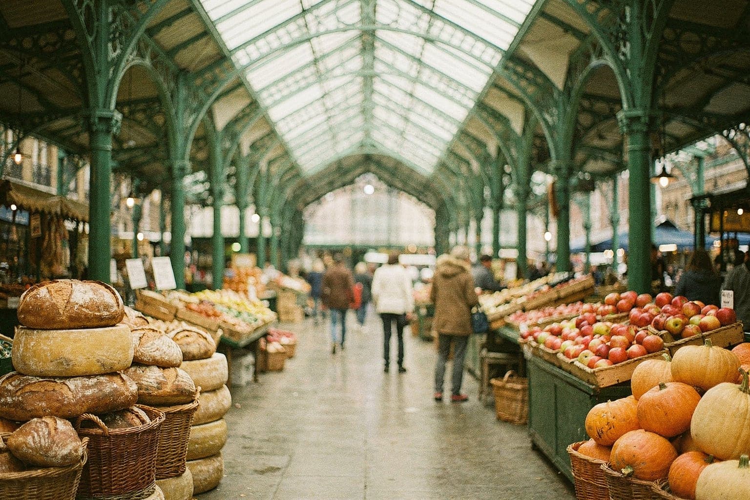 Borough Market's covered halls on a weekday morning, with cheese, bread and produce stalls under Victorian ironwork