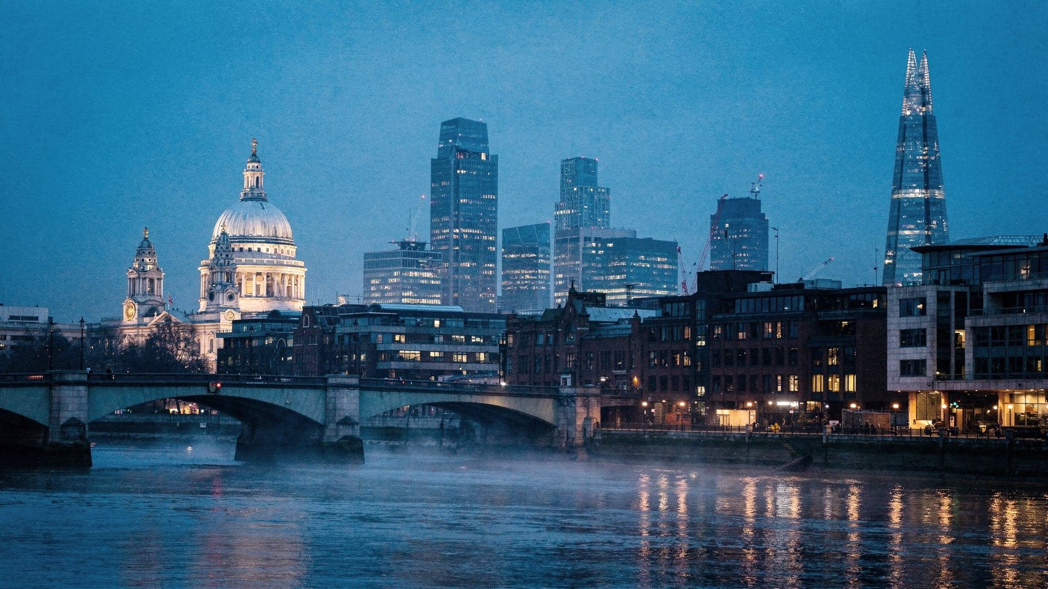 The Thames at blue hour seen from Waterloo Bridge, with the lit dome of St Paul's Cathedral and the City's towers on the north bank