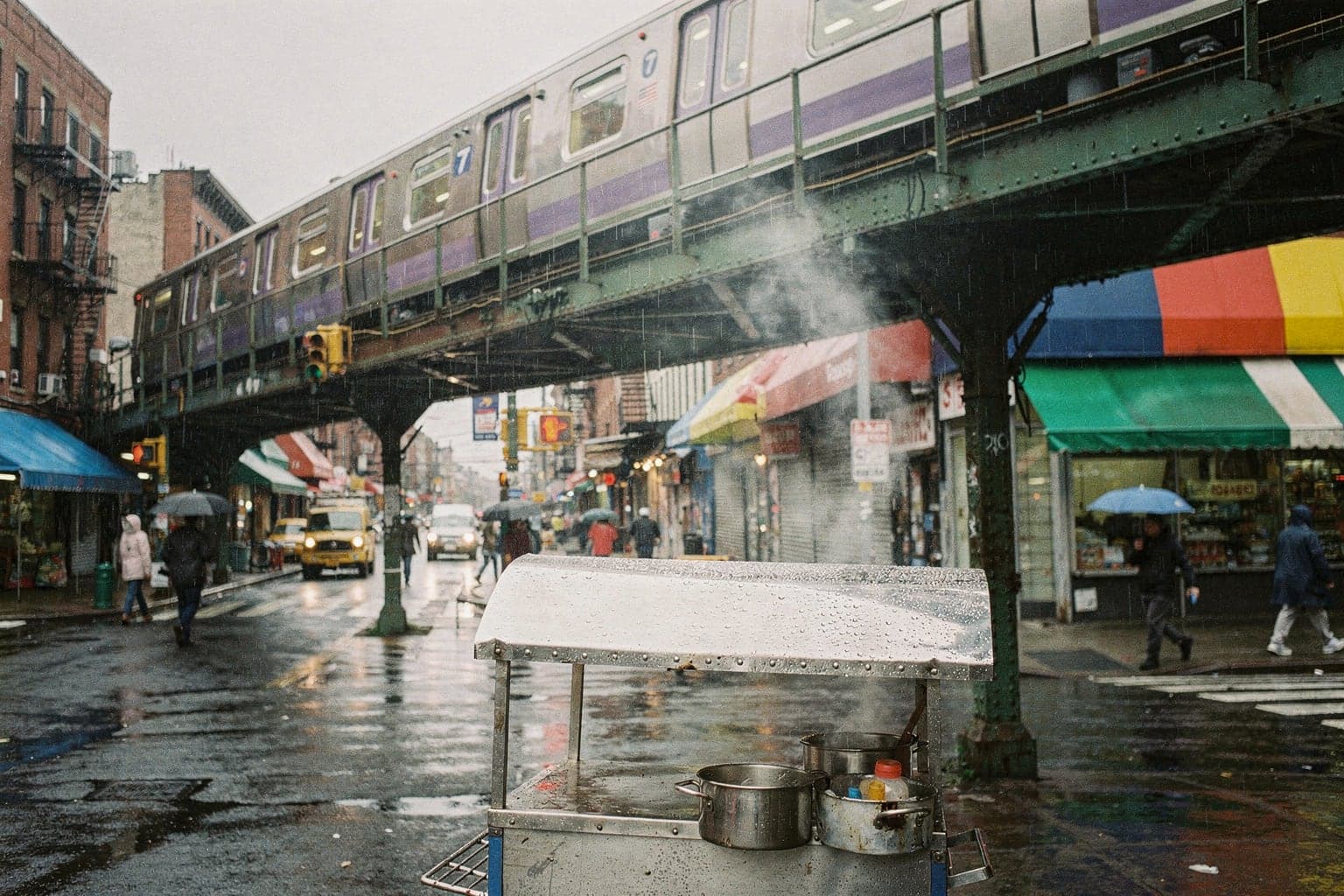 An elevated 7 train crossing above Roosevelt Avenue in Jackson Heights, Queens, on an overcast morning, with shopfronts and a food cart below