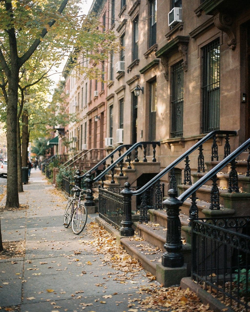 A row of brownstone houses with high stoops and iron railings on a quiet Park Slope street in warm late-afternoon light