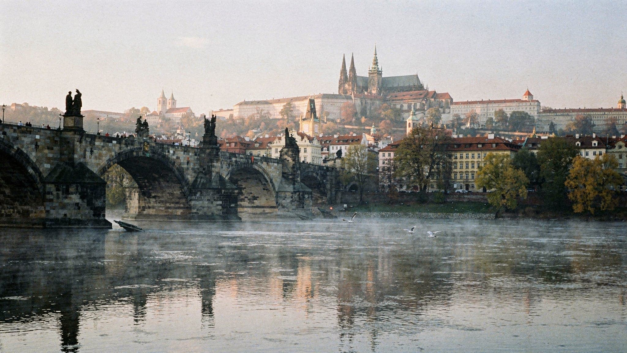 Charles Bridge and Prague Castle above the misty Vltava river at sunrise